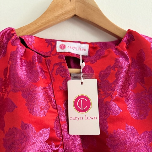 CARYN LAWN Asher Floral Jacquard Puff Sleeve Mini Dress Metallic Red Pink OS - Picture 11 of 15